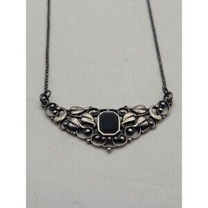 Vintage UNO 925 Sterling Silver Black Onyx Floral Necklace Ornate Italy 16 in